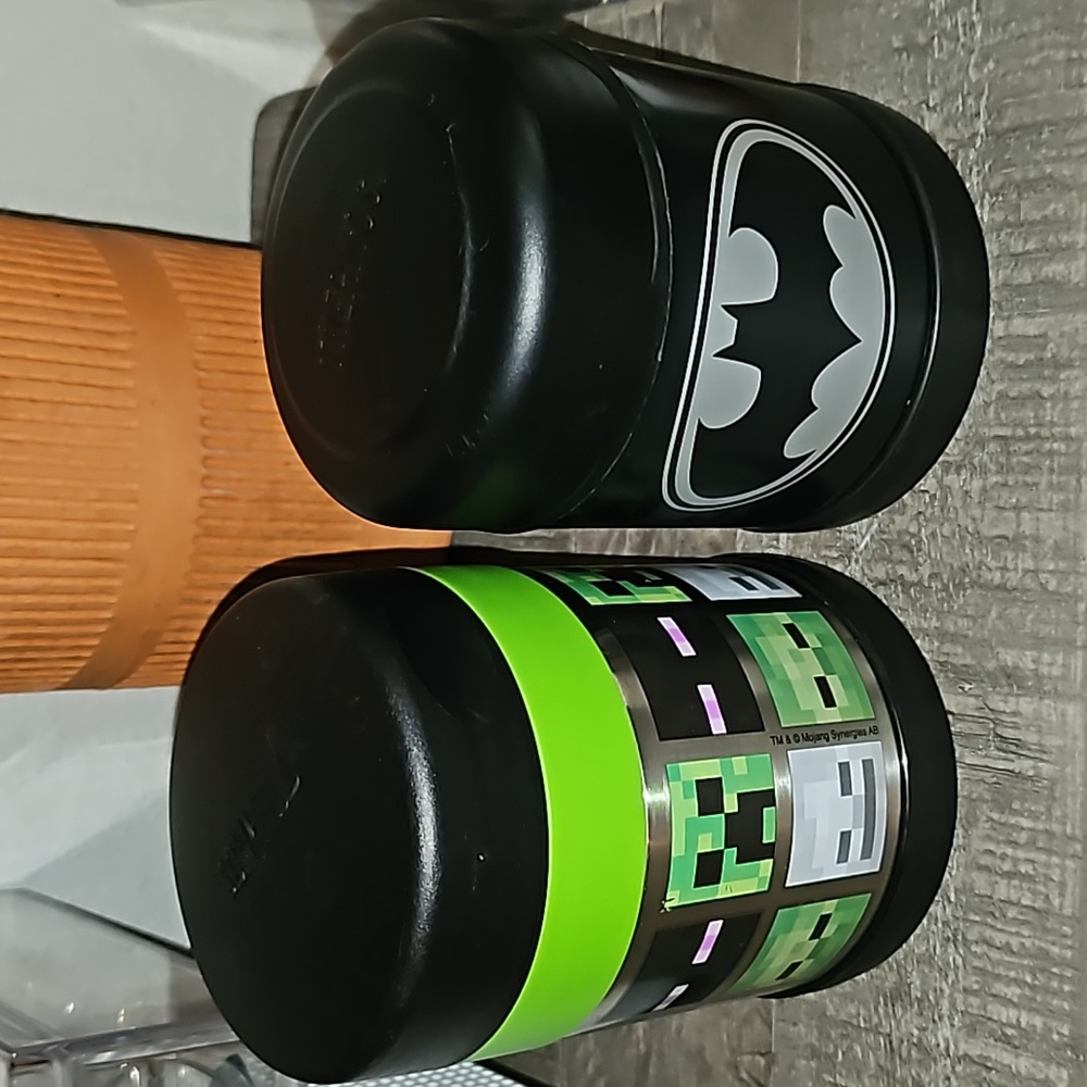 2 Thermos food containers, mine craft and Batman